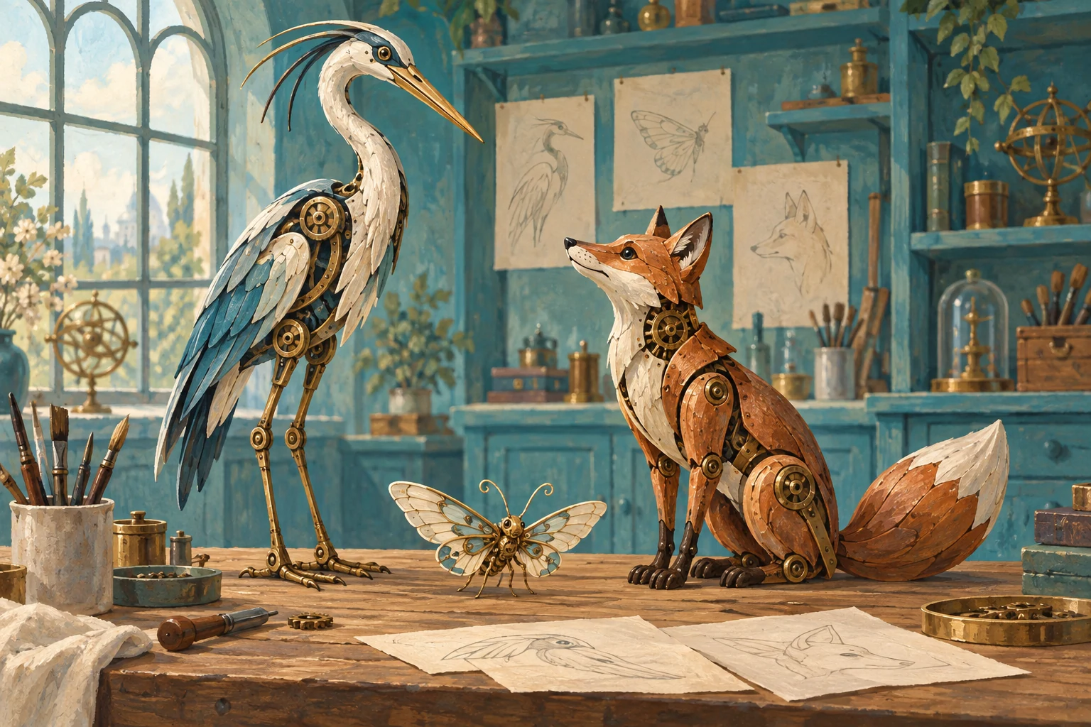 A brass heron, a copper fox and a delicate mechanical moth in the lamplit Venn workshop