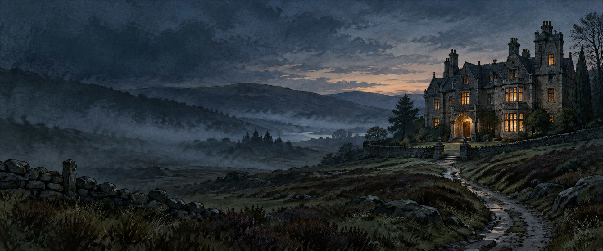 A country house glows with lamplight above a misty moor