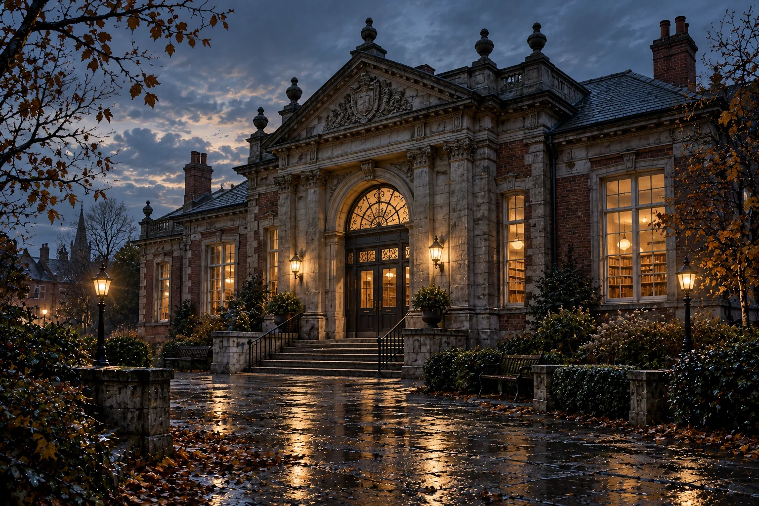The rain-darkened entrance to Bellwether Archive, lit warmly after dusk.